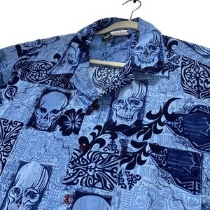 Kennington Hawaiian Camp Shirt Mens XL Blue Skulls Tribal Bowling Asia Japan VTG